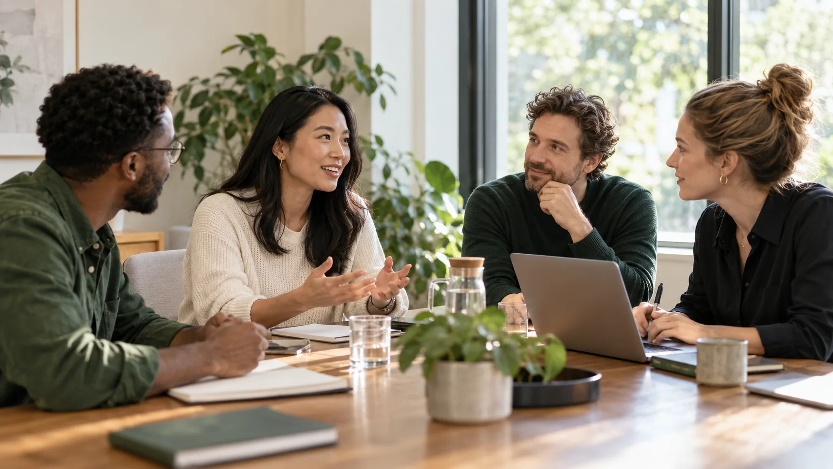 Four colleagues seated around a table, listening and sharing ideas during a meeting